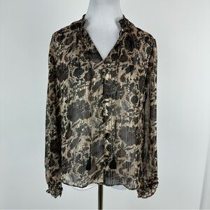 MNG Mango Suit Neutral Green Floral Sheer Striped Long Sleeve Top Size 4